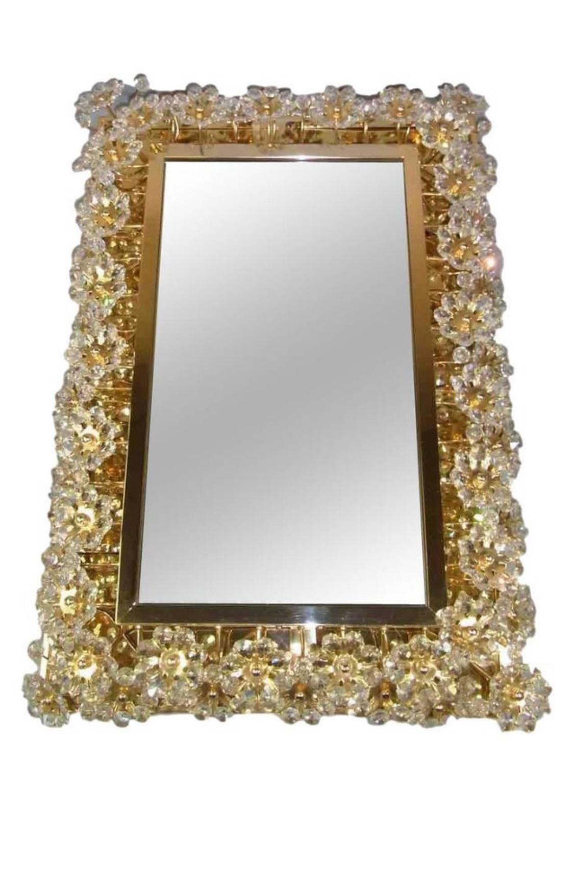 Palwa, Rectangular Backlit Wall Mirror, Gilt Brass and Crystal Flowers For Sale 7