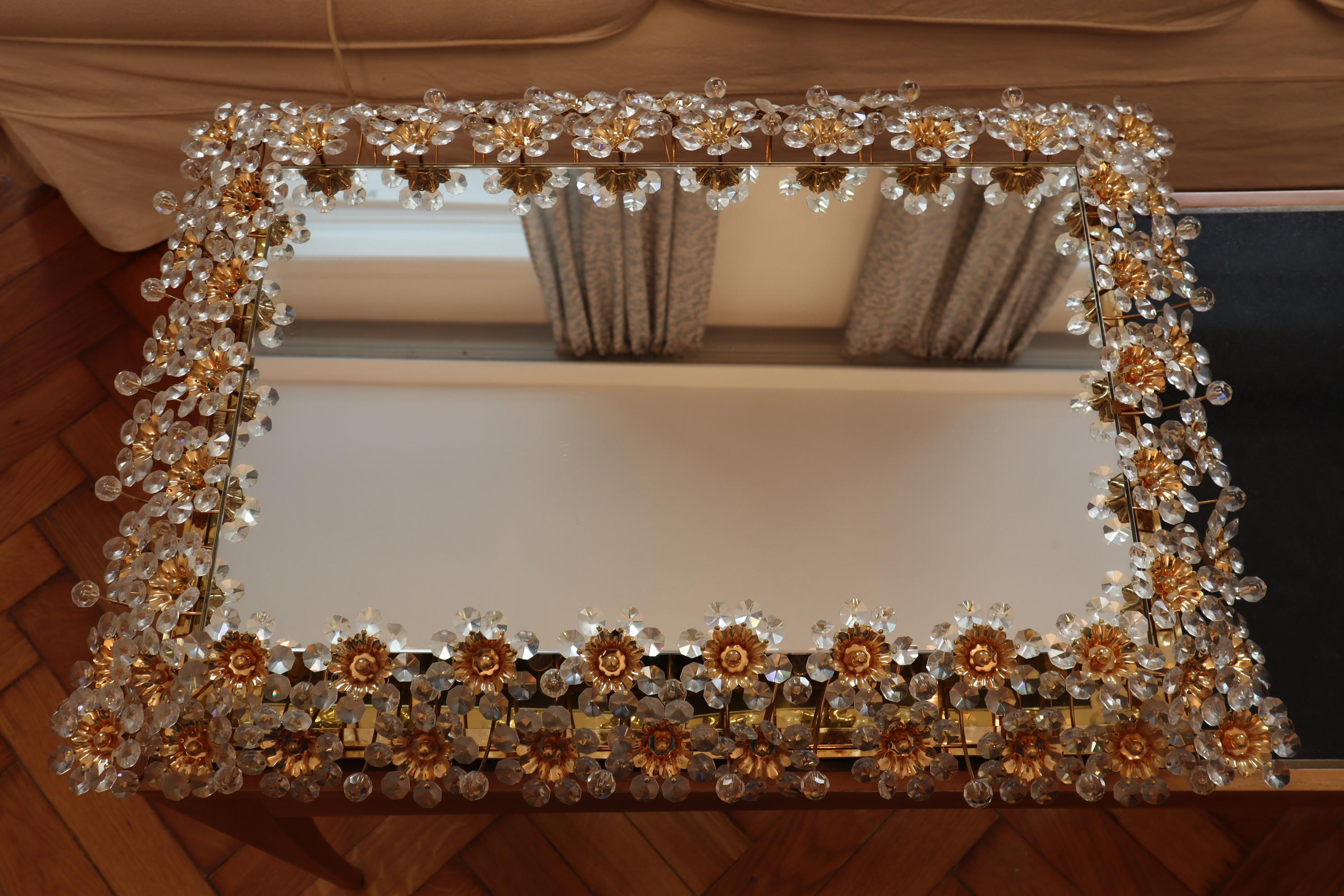 Mid-Century Modern Palwa, Rectangular Backlit Wall Mirror, Gilt Brass and Crystal Flowers For Sale