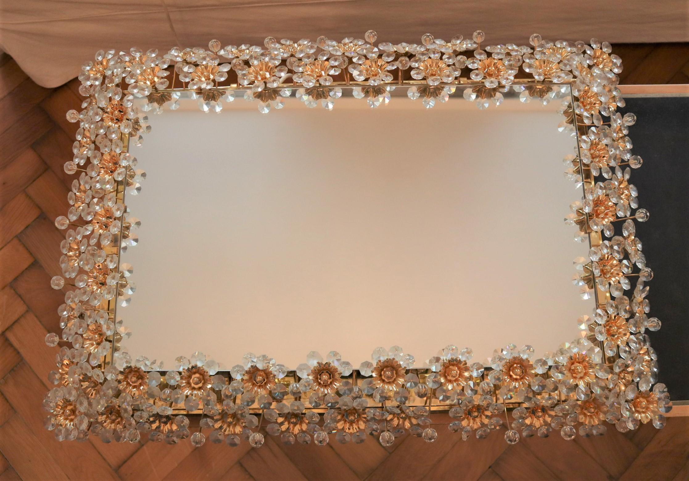 Palwa, Rectangular Backlit Wall Mirror, Gilt Brass and Crystal Flowers For Sale 1