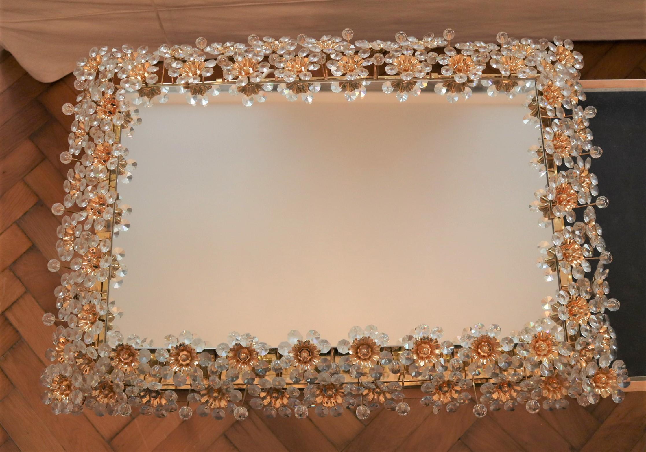 Palwa, Espejo de Pared Rectangular Retroiluminado, Latón Dorado y Flores de Cristal en venta 1
