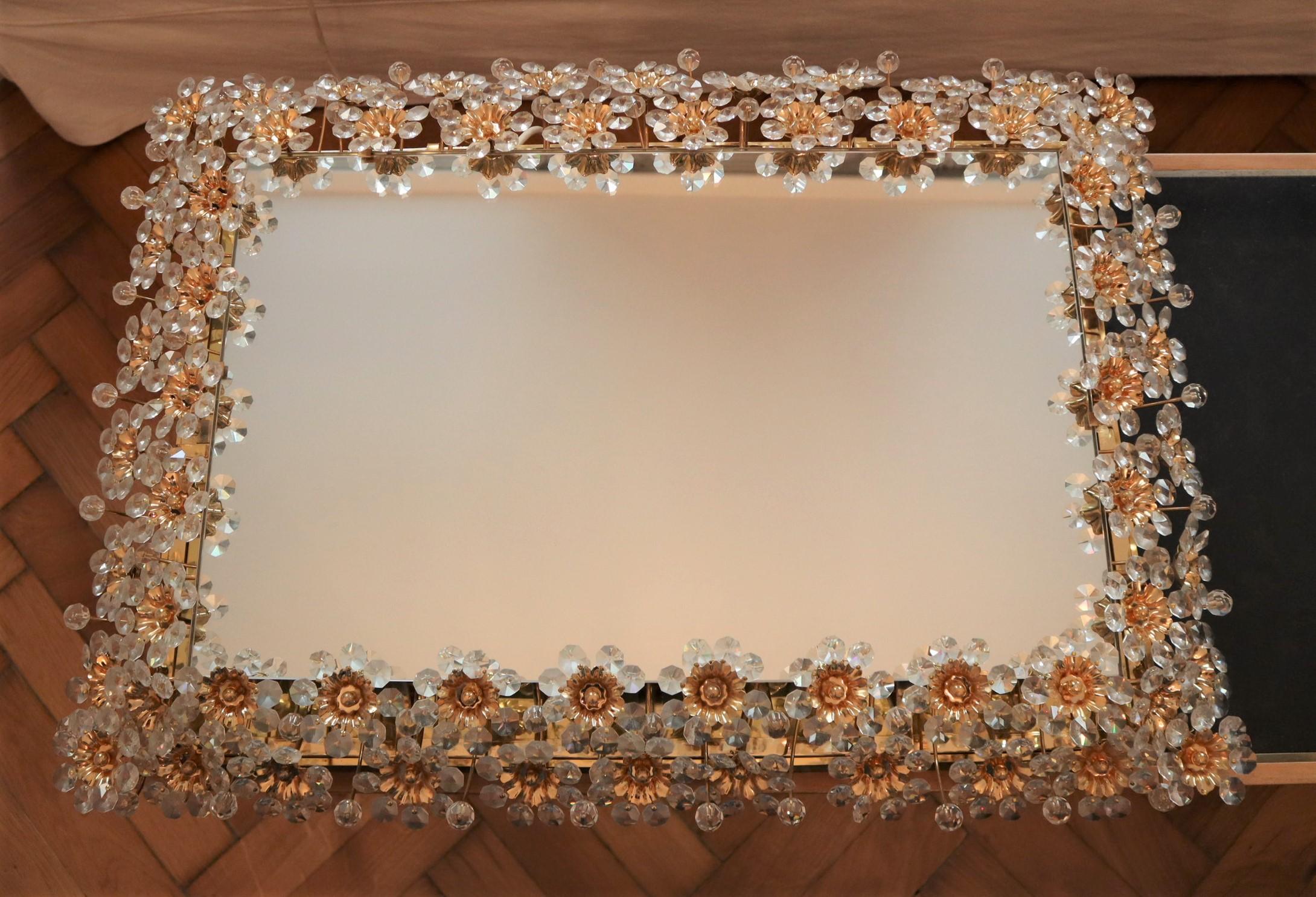 Palwa, Rectangular Backlit Wall Mirror, Gilt Brass and Crystal Flowers For Sale 2