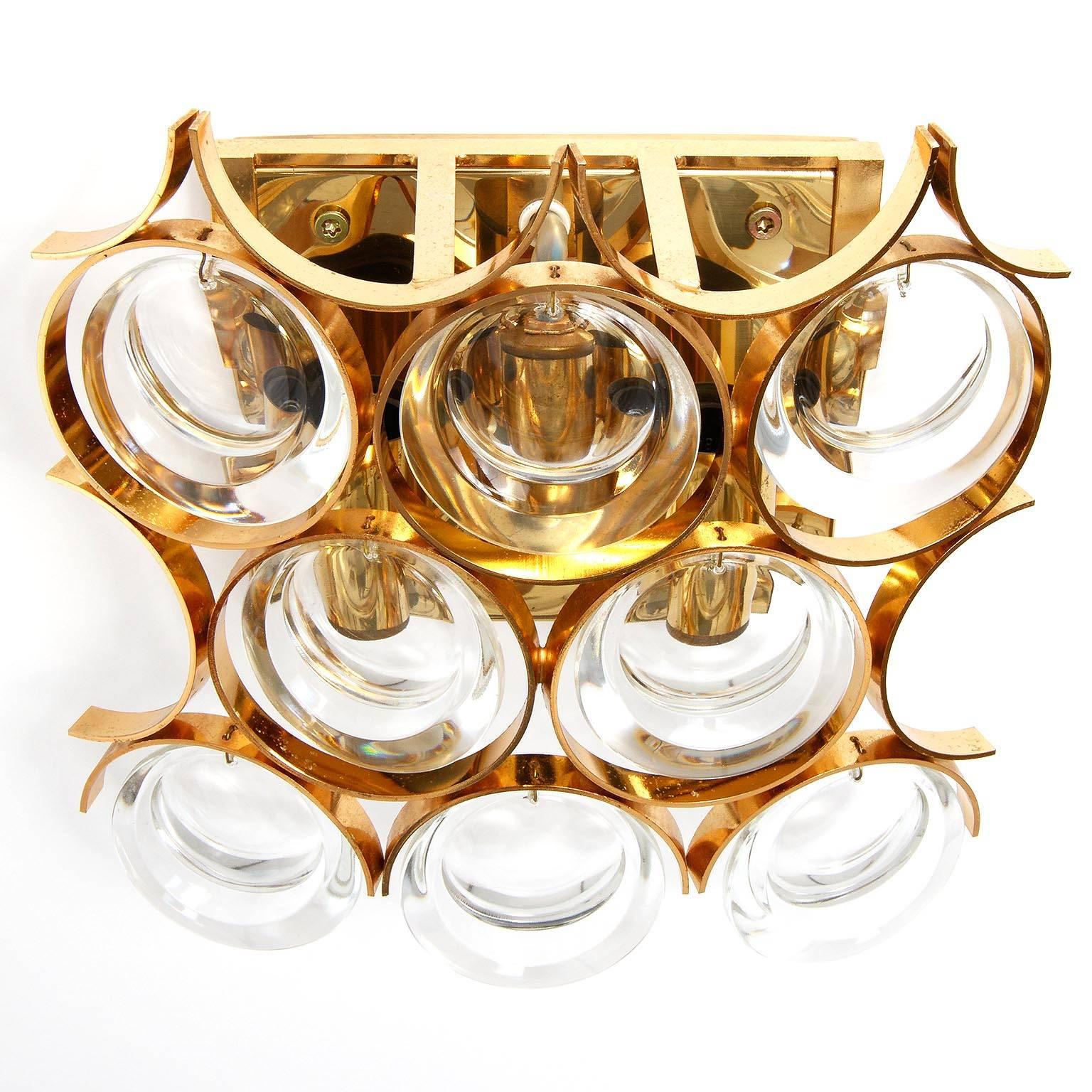 Mid-20th Century Palwa Sconces Wall Lamps Sciolari Design Gilt Brass Crystal Glass, 1970s, 1 of 4 For Sale
