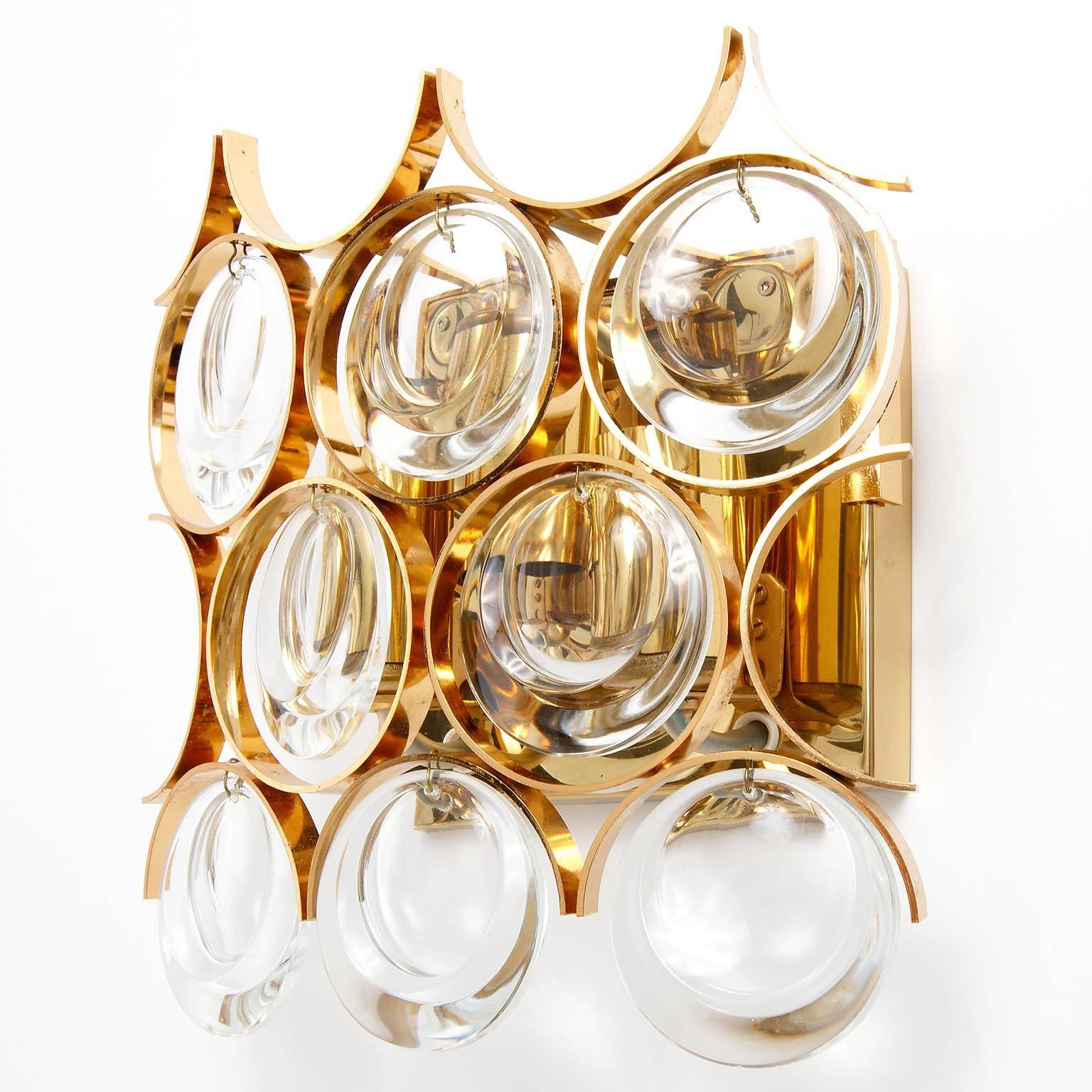 Palwa Sconces Wall Lamps Sciolari Design Gilt Brass Crystal Glass, 1970s, 1 of 4 For Sale 1