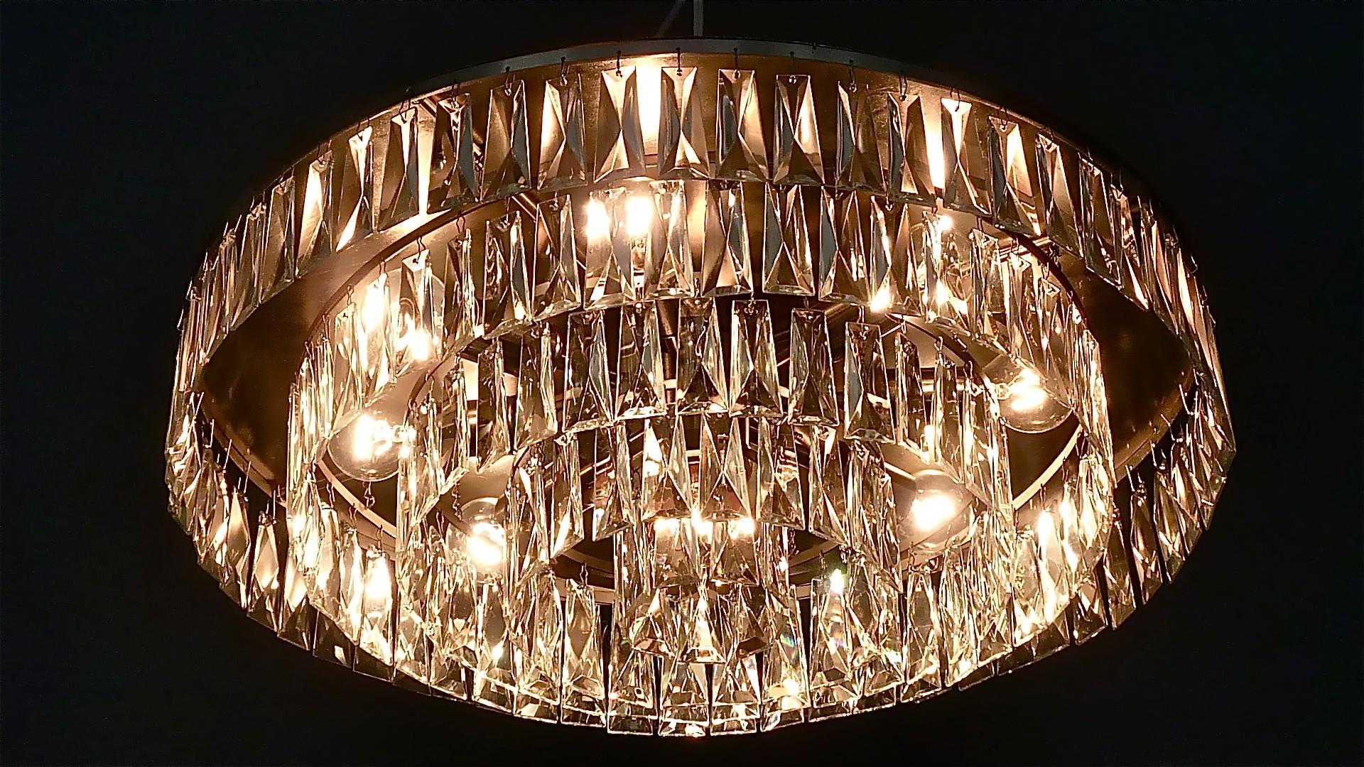 Large Palwa Flush Mount Chandelier Faceted Crystal Glass Steel Lamp 1960s For Sale 3