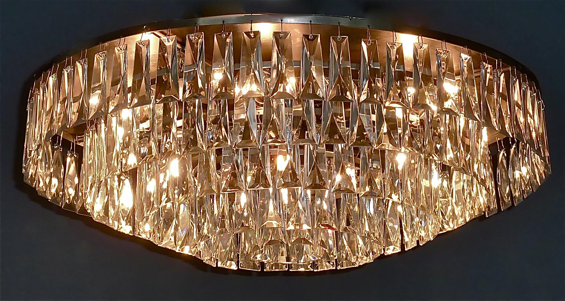 Large Palwa Flush Mount Chandelier Faceted Crystal Glass Steel Lamp 1960s For Sale 5