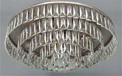 Large Palwa Flush Mount Chandelier Faceted Crystal Glass Steel Lamp 1960s