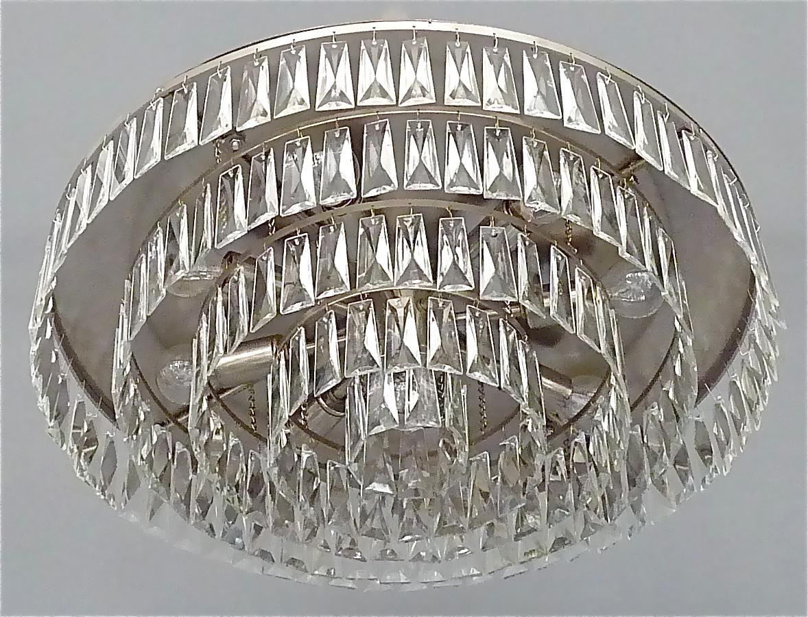 Mid-Century Modern Large Palwa Flush Mount Chandelier Faceted Crystal Glass Steel Lamp 1960s For Sale