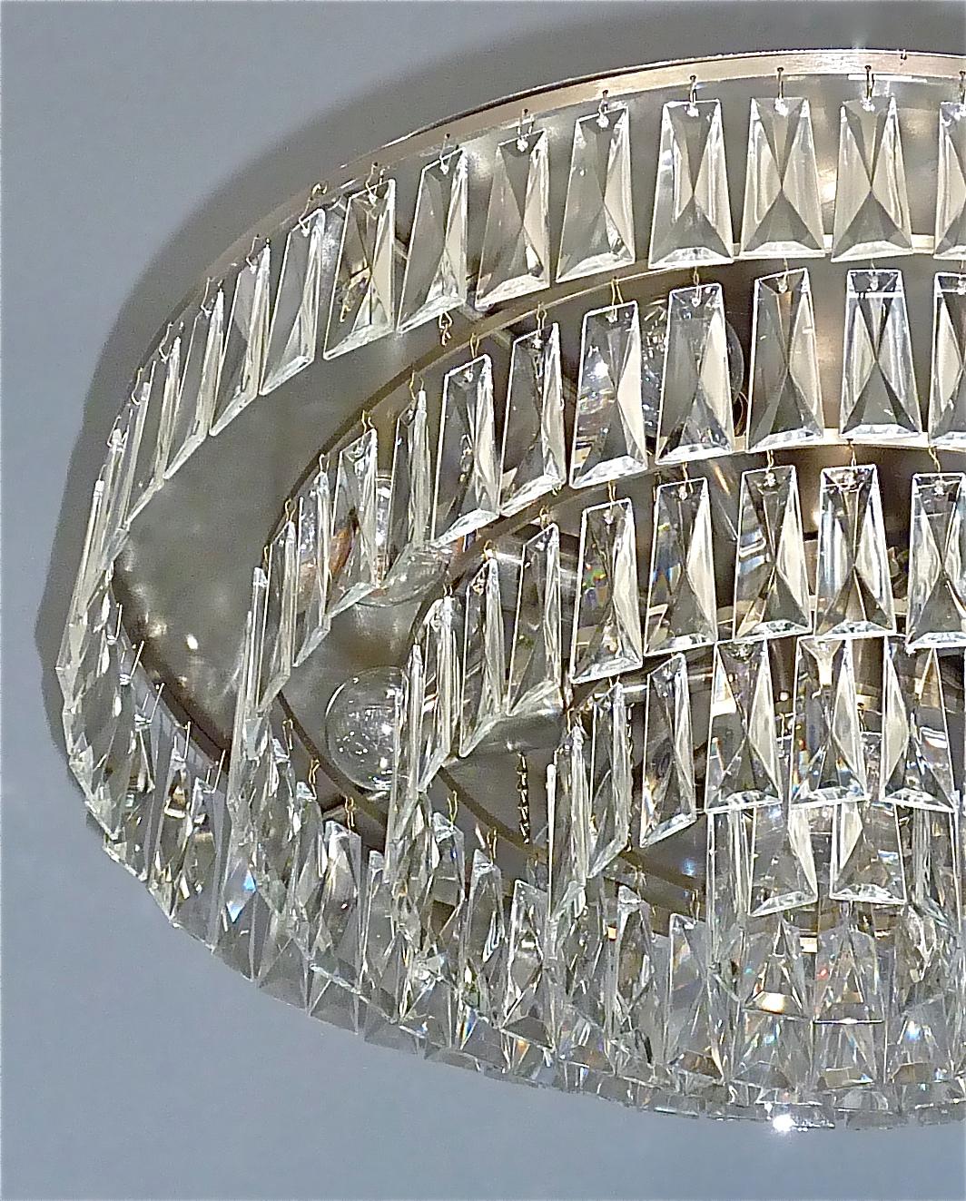 German Large Palwa Flush Mount Chandelier Faceted Crystal Glass Steel Lamp 1960s For Sale