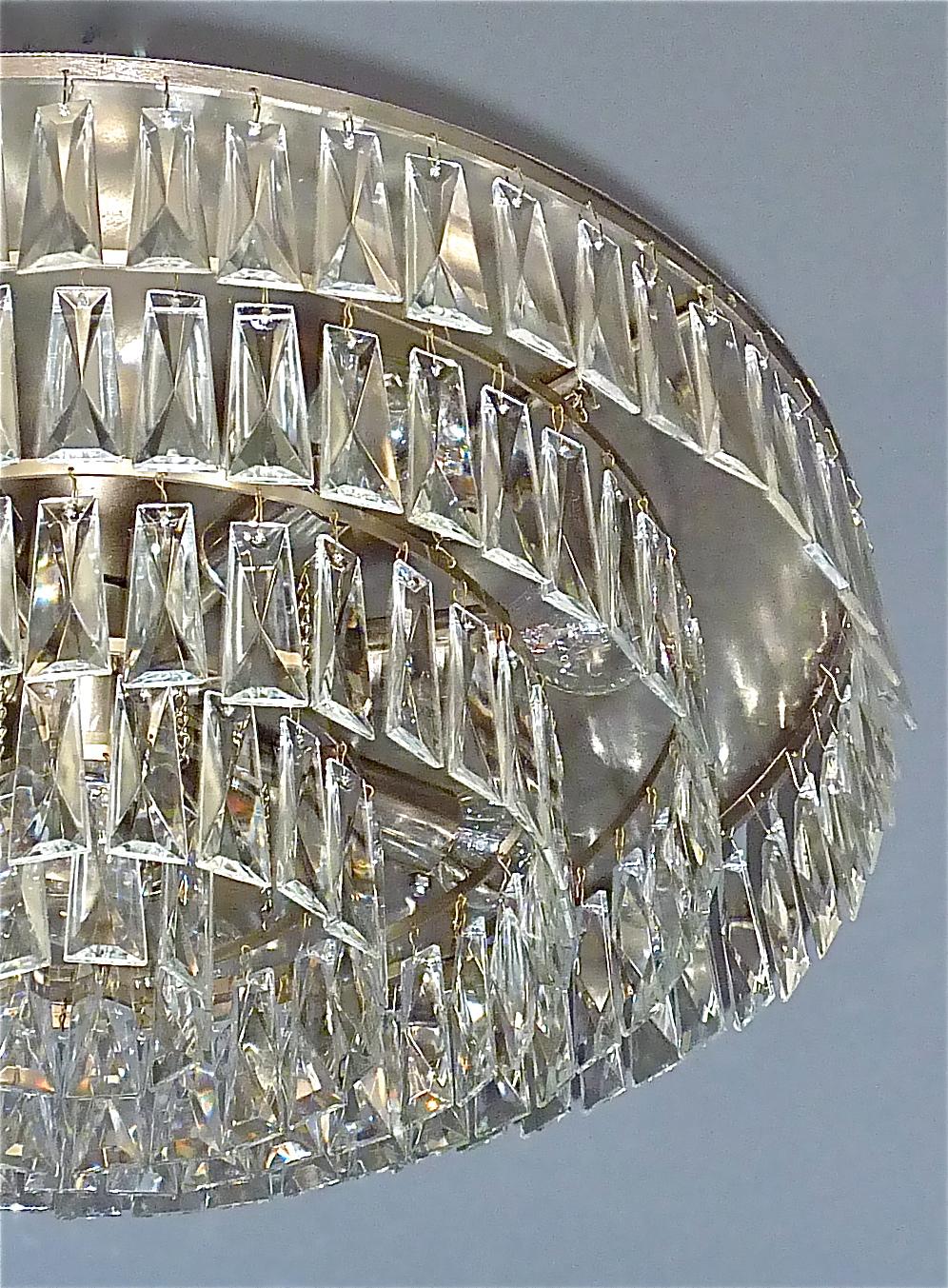 Brushed Large Palwa Flush Mount Chandelier Faceted Crystal Glass Steel Lamp 1960s For Sale