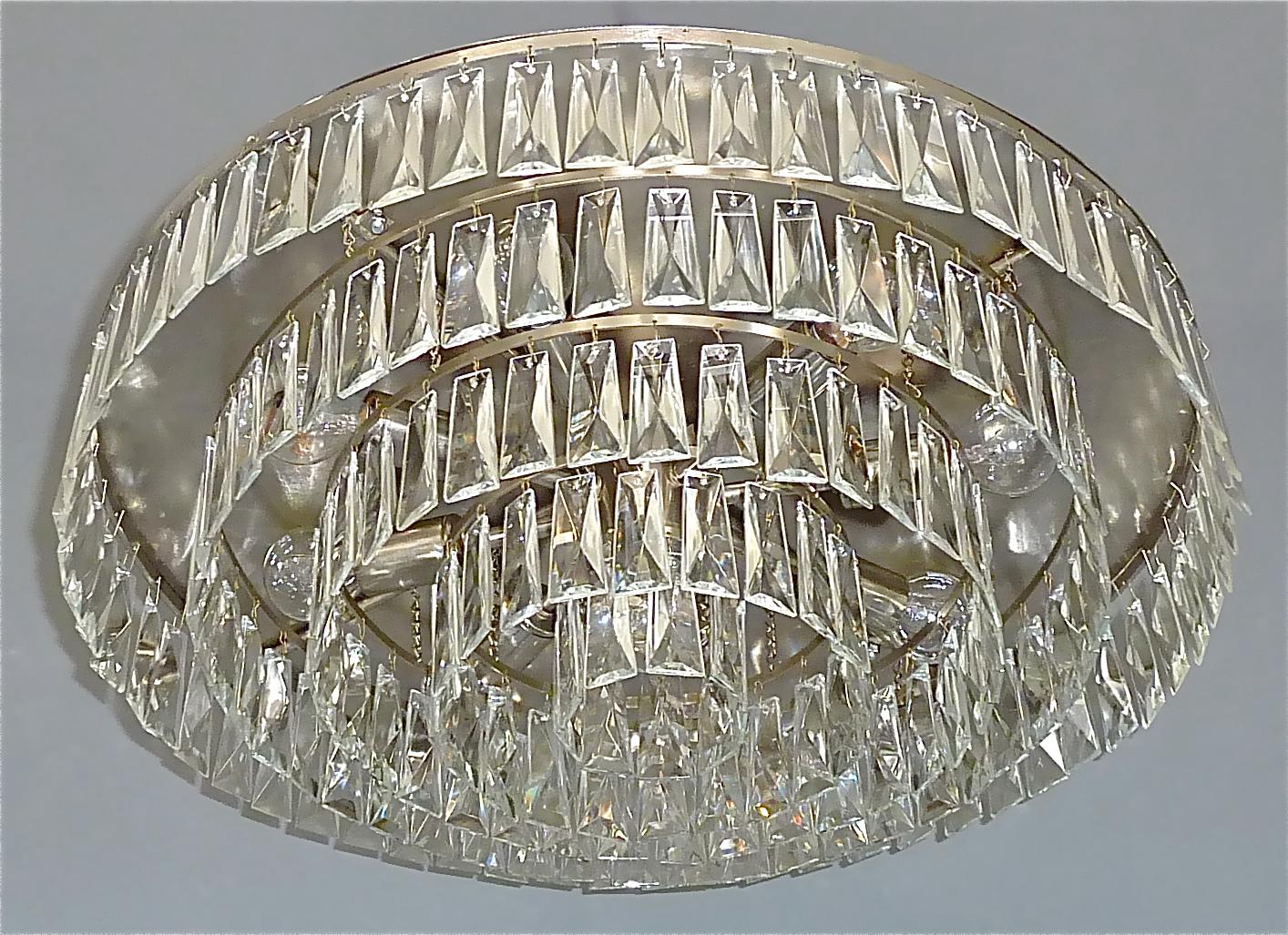 Large Palwa Flush Mount Chandelier Faceted Crystal Glass Steel Lamp 1960s In Good Condition For Sale In Nierstein am Rhein, DE
