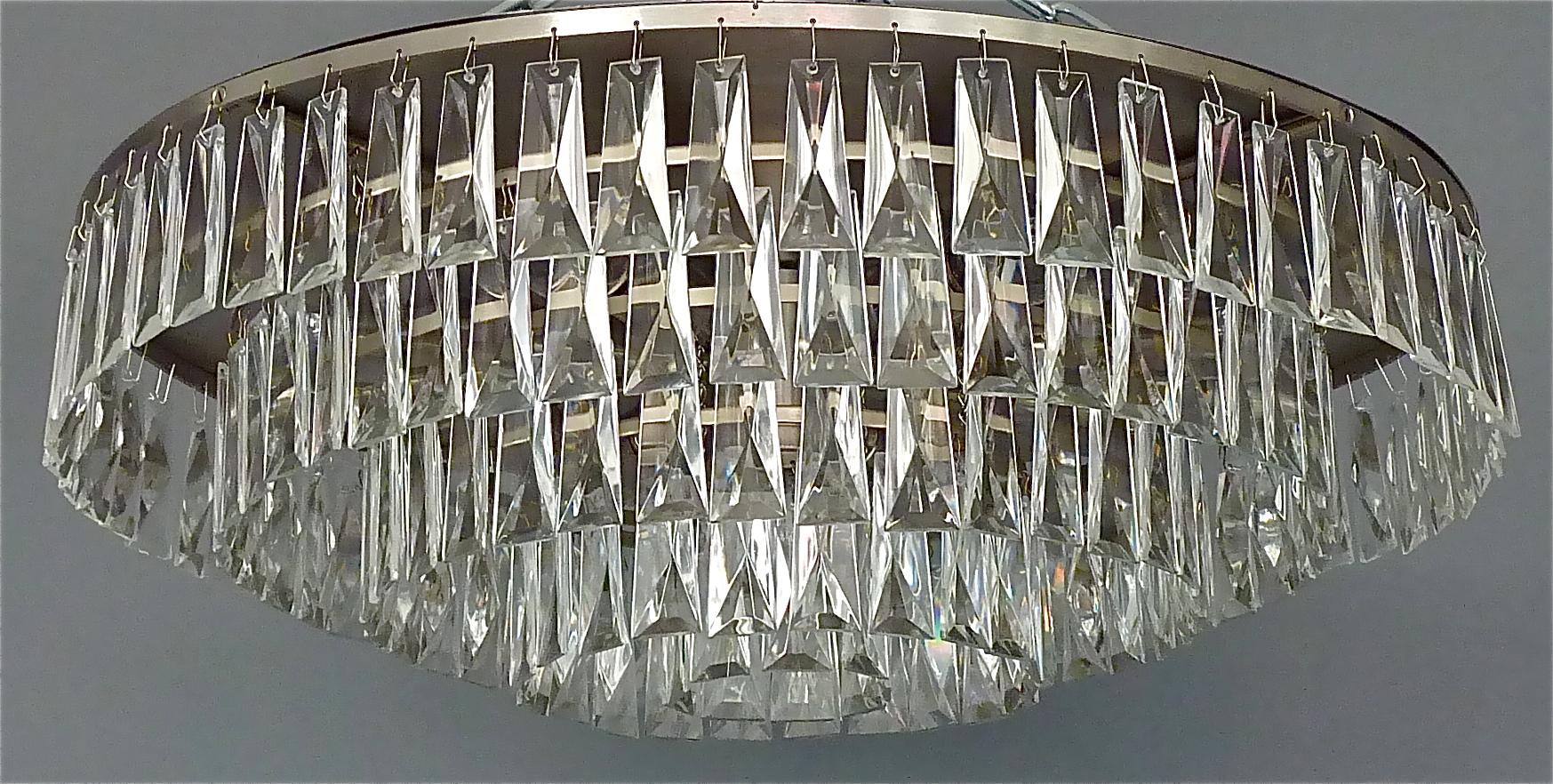 Mid-20th Century Large Palwa Flush Mount Chandelier Faceted Crystal Glass Steel Lamp 1960s For Sale