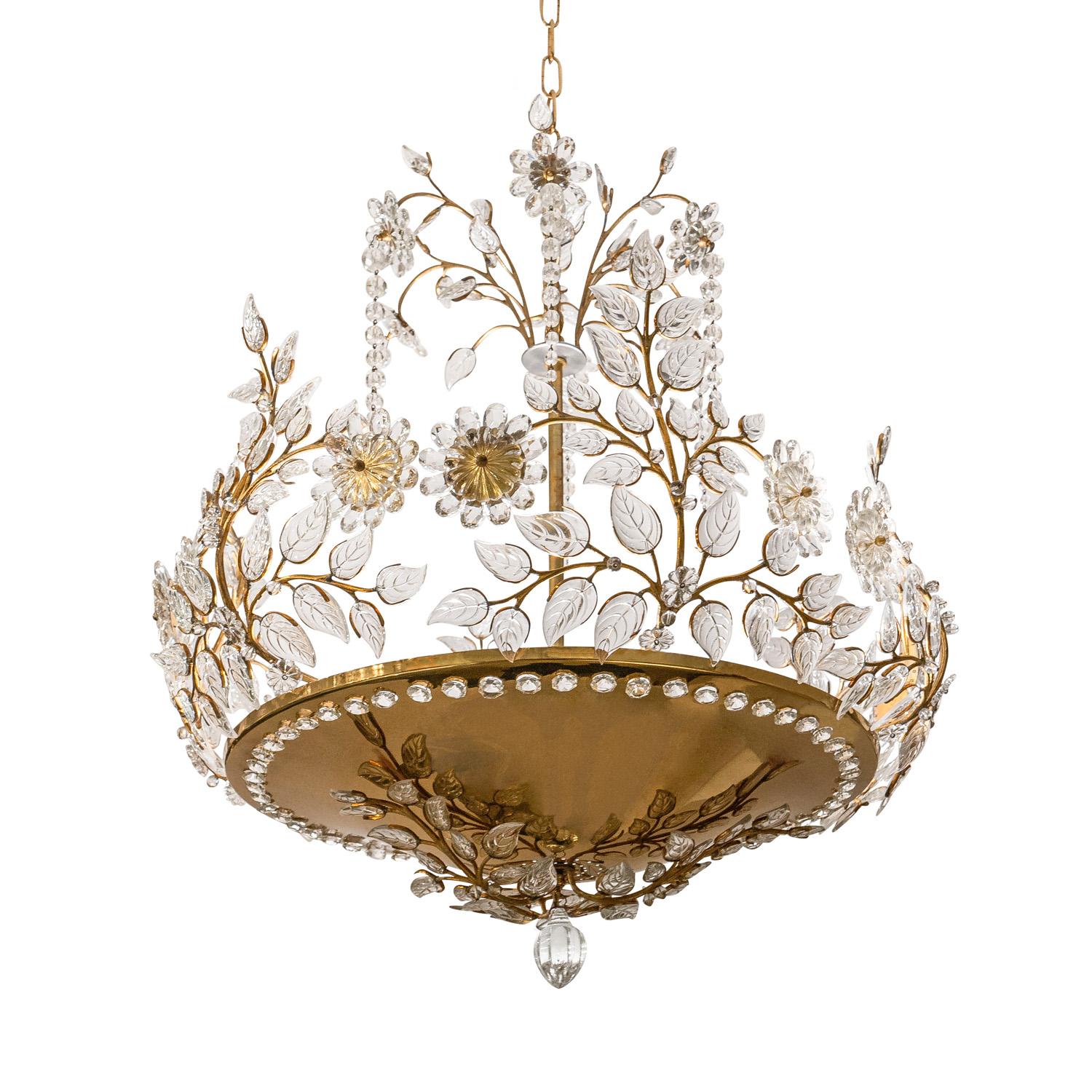 Stunning Art Nouveau inspired chandelier model K43520 in polished brass with exquisite floral motifs in hand-cut lead crystals by Palwa, Germany 1960's.  This chandelier takes 6 medium based bulbs so it can give off quite a lot of light.  Brass has