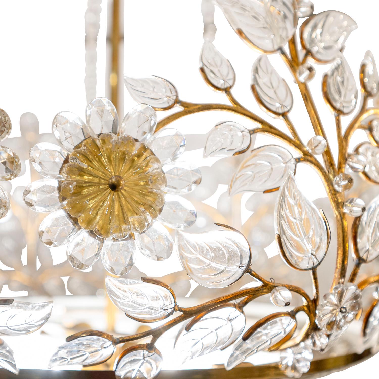 Brass Palwa Stunning Crystal Flower and Leaf Chandelier 1960s For Sale