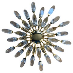 Palwa Sunburst Flush Mount Light, Gilt Metal & Crystal, Mid-Century