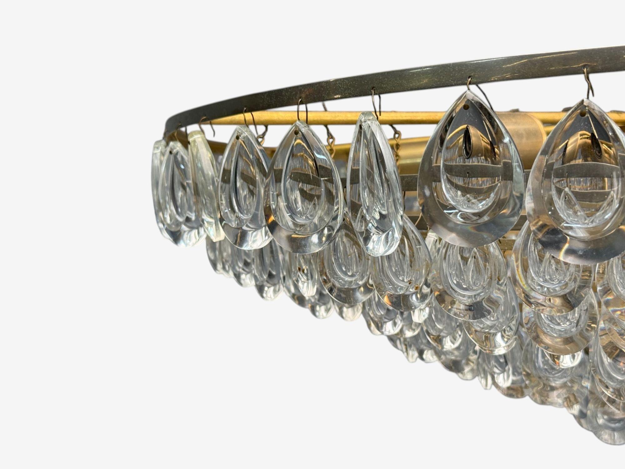 Allemand Palwa, Teardrop Glass, Brass, Tiered Chandelier, Germany, 1960s en vente