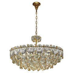 Palwa Tiered Crystal Drop and Golden Brass Chandelier 1960s