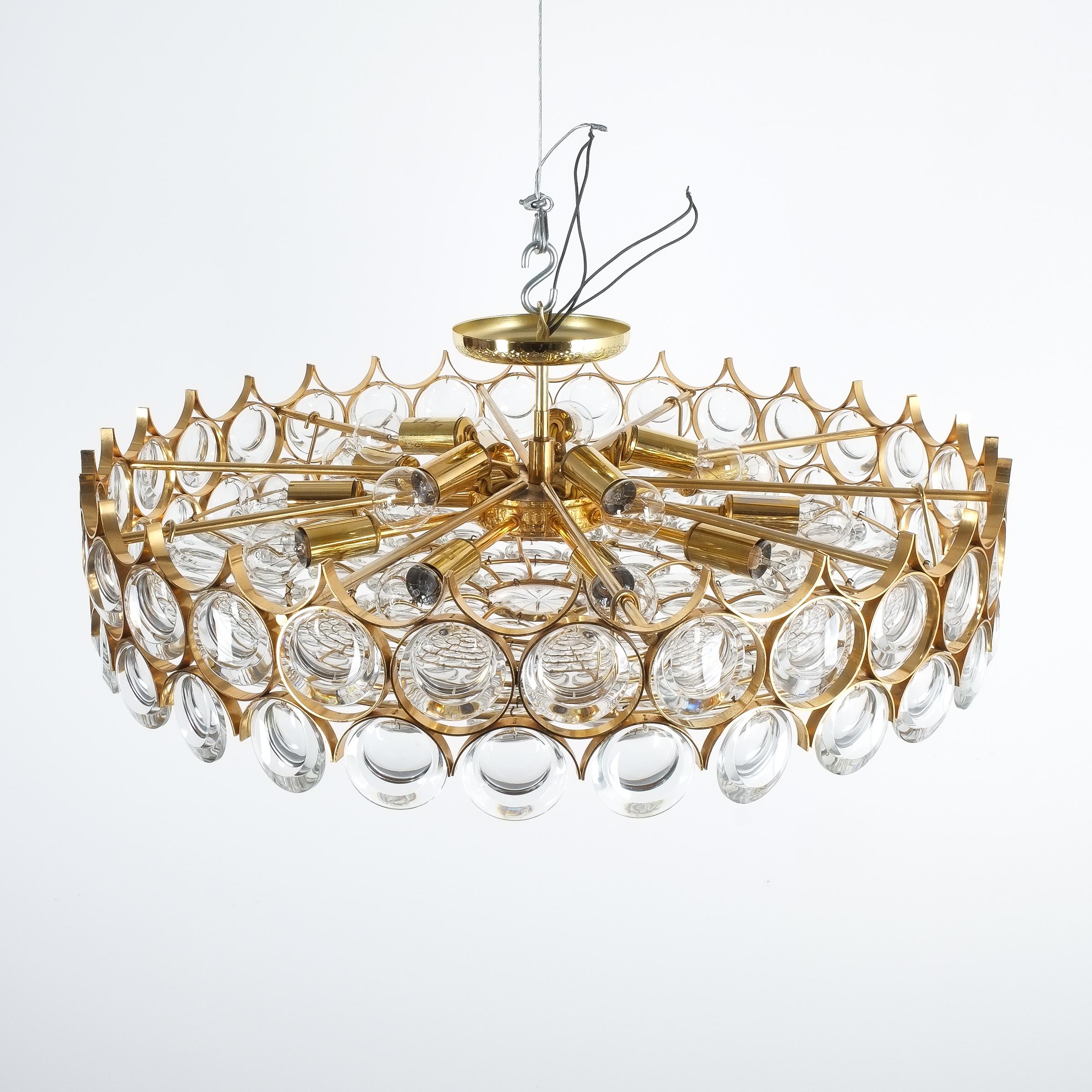 Mid-20th Century Palwa Extra Large Refurbished Gold Plated Brass and Glass Semi Flush Mount Lamp