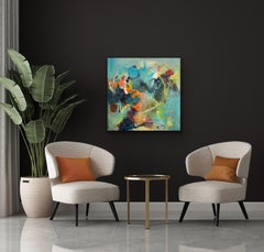 "Letting Go" expressionism painting of refreshing blues and oranges