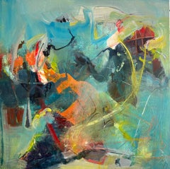 "Letting Go" expressionism painting of refreshing blues and oranges
