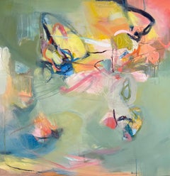 Spring
s Song, abstract expressionism with greens, pinks and yellow, 36x36, 2023