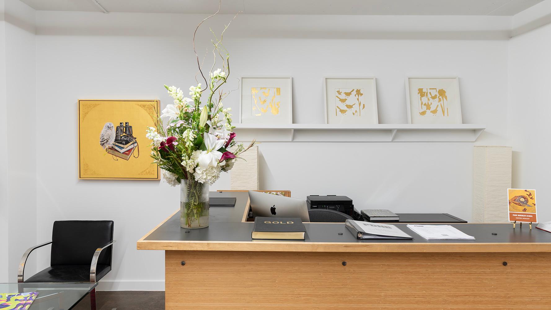 Three + Three - Unique Print, Gold Leaf, Birds, Flowers, Graphic, Silhouette - Contemporary Mixed Media Art by Pam Burnley-Schol