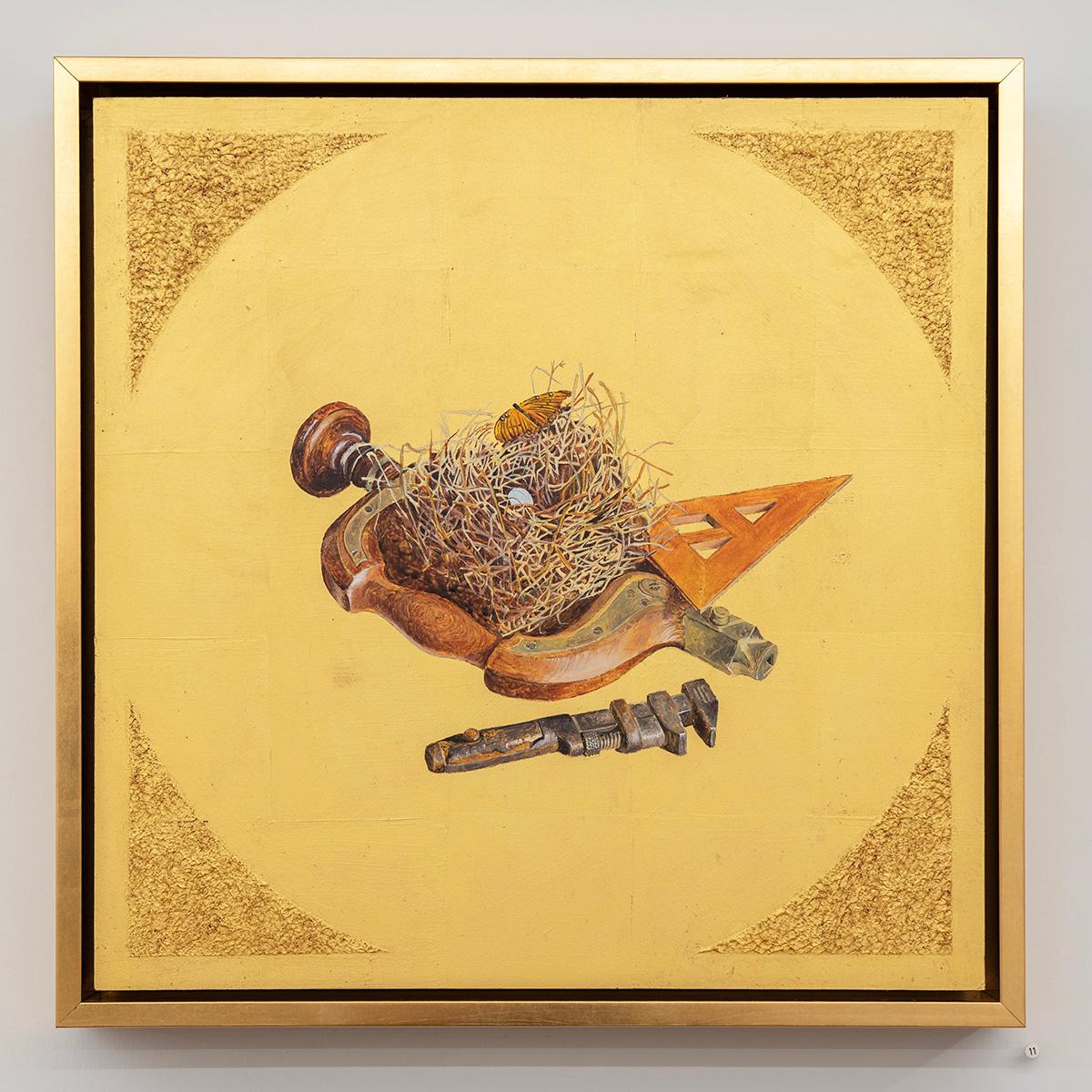 Build, from the series, Nested Memory - Bird Nest, Tools, Wood, Wrench - Painting by Pam Burnley-Schol