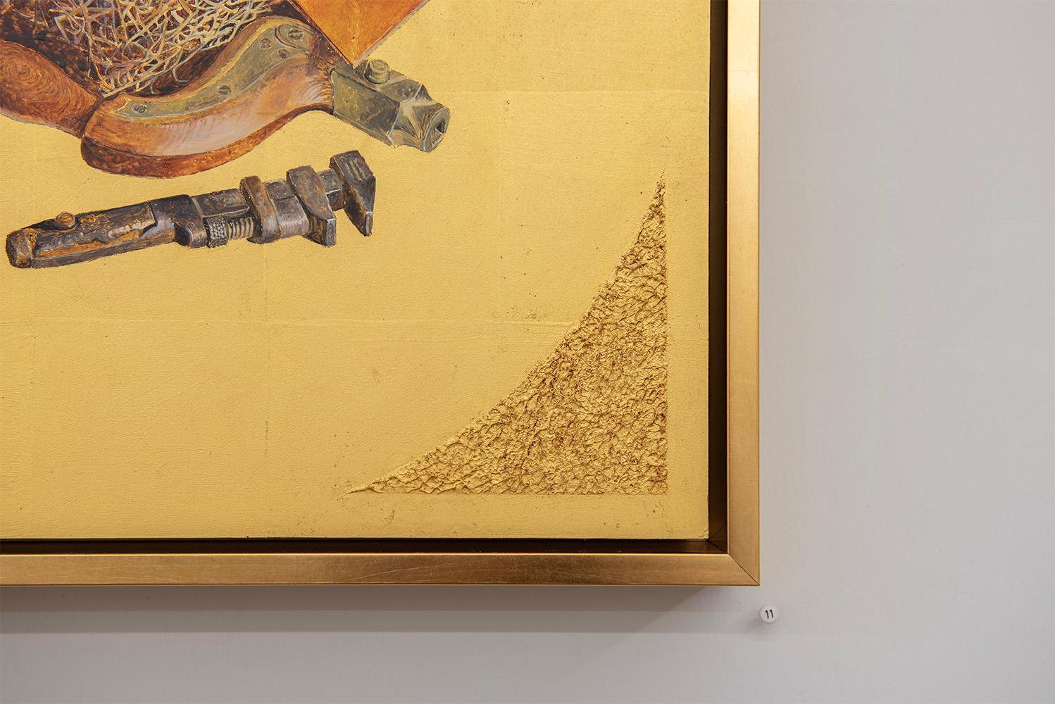 Build, from the series, Nested Memory - Bird Nest, Tools, Wood, Wrench - Contemporary Painting by Pam Burnley-Schol