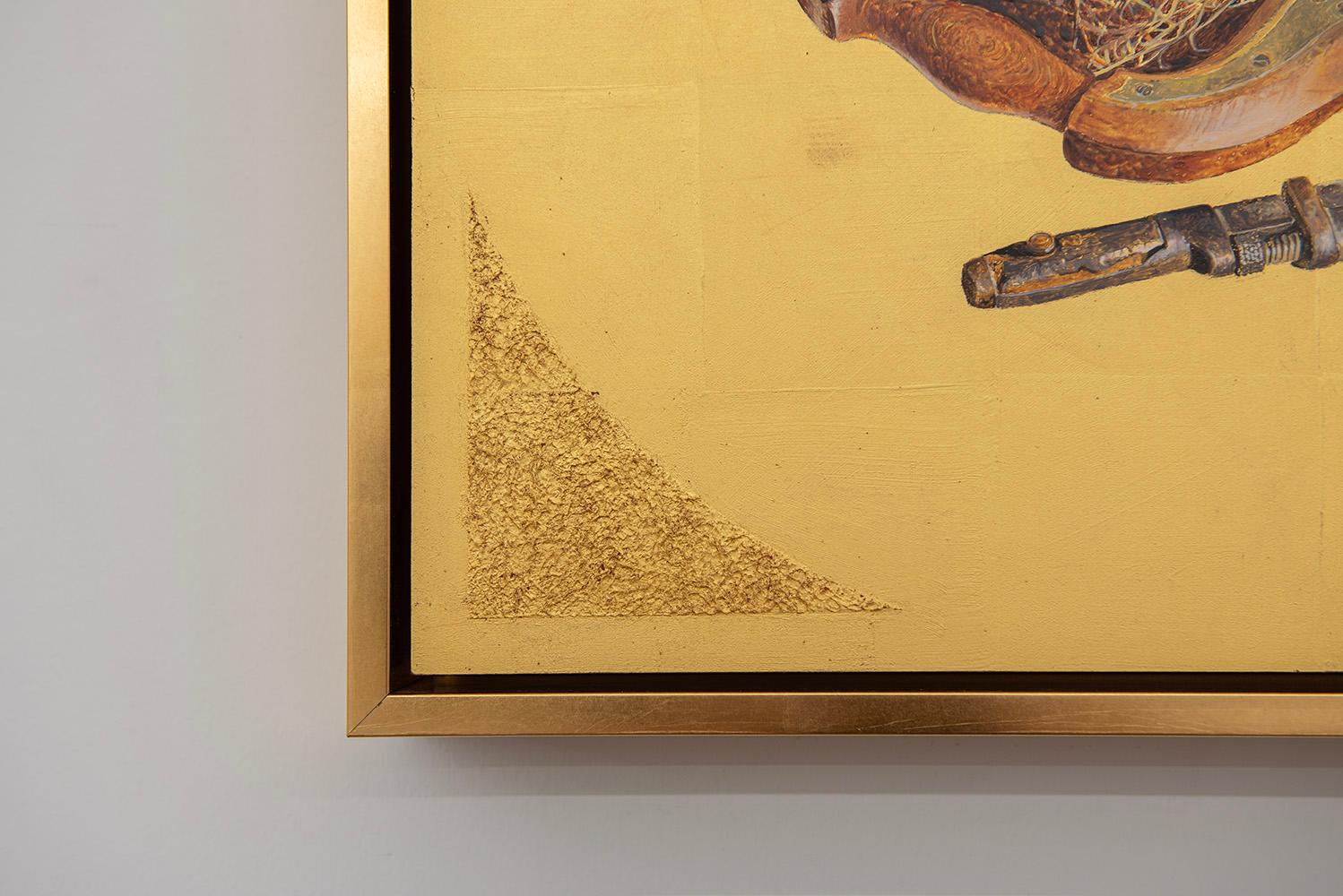 Build, from the series, Nested Memory - Bird Nest, Tools, Wood, Wrench - Gold Still-Life Painting by Pam Burnley-Schol