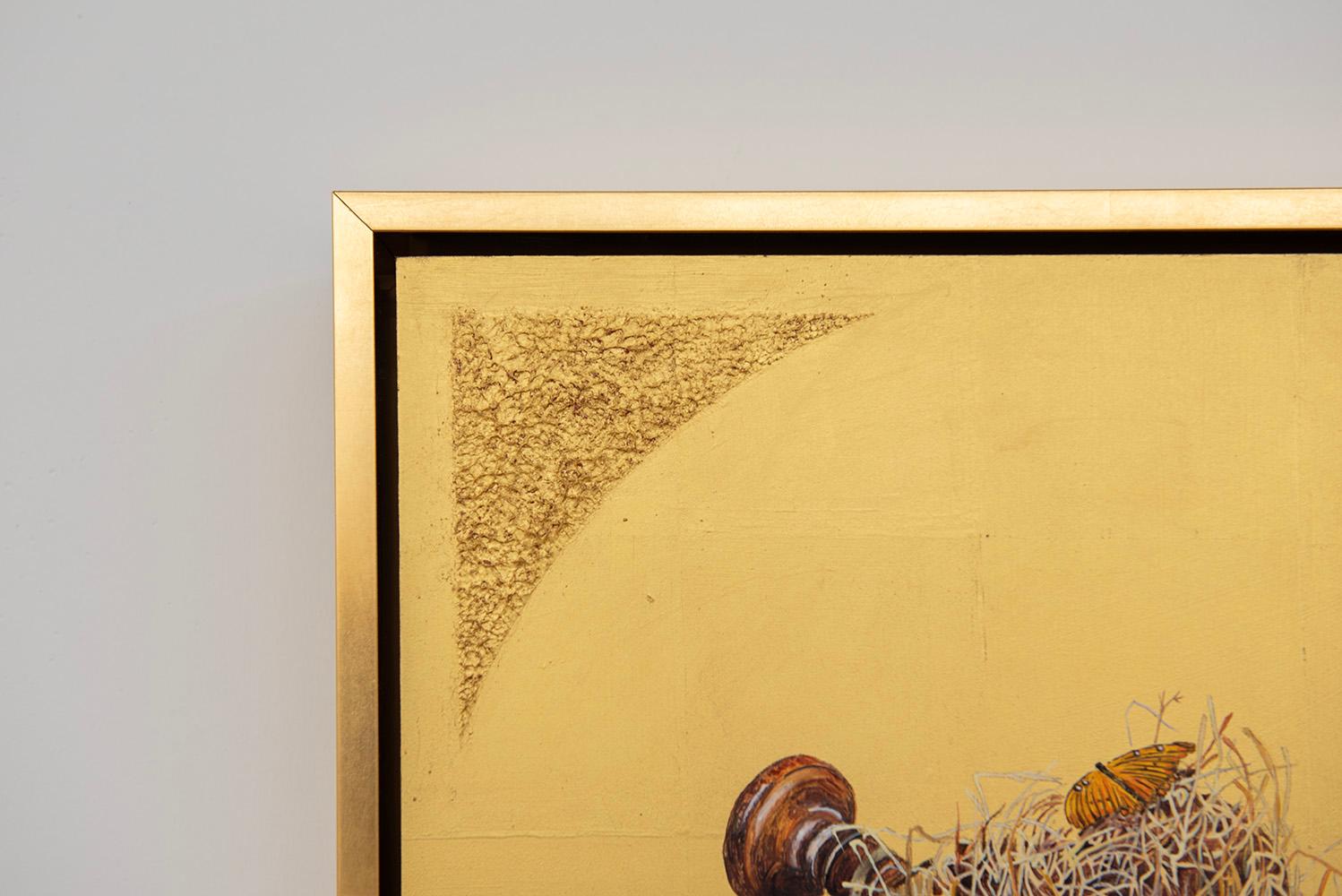 Build by Pam Burnley-Schol is an oil painting on gold leaf, featuring an orange butterfly on a bird's nest, surrounded by various tools.

Oil paint, pastiglia, 23k gold leaf on panel
16 x 16 x 2 in.
Frame size: 17.5 x 17.5 x 2.5 in.
Signed, titled