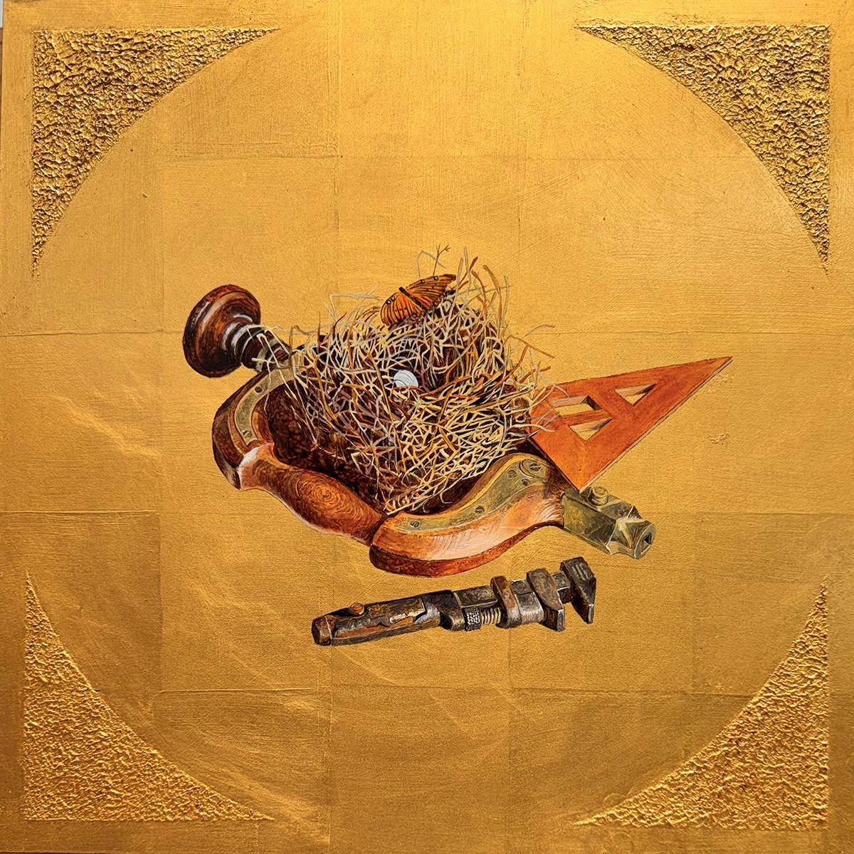 Pam Burnley-Schol Still-Life Painting - Build, from the series, Nested Memory - Bird Nest, Tools, Wood, Wrench