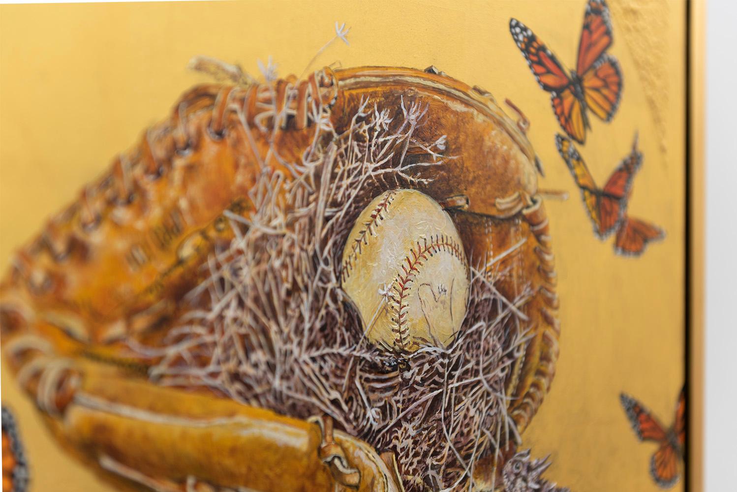 Catch - Peinture à l'huile sur feuille d'or 23k, nature morte, crapaud corné, monarque, baseball en vente 5