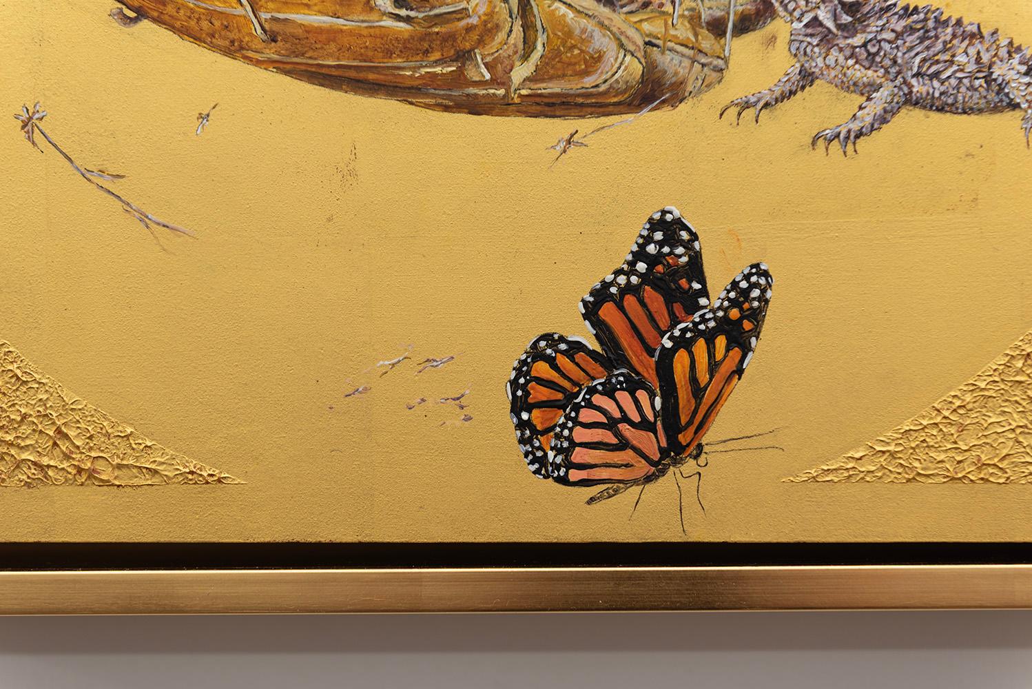 Catch - Peinture à l'huile sur feuille d'or 23k, nature morte, crapaud corné, monarque, baseball en vente 6