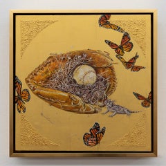 Catch - Oil Painting on 23k gold leaf, still life, horny toad, monarch, baseball