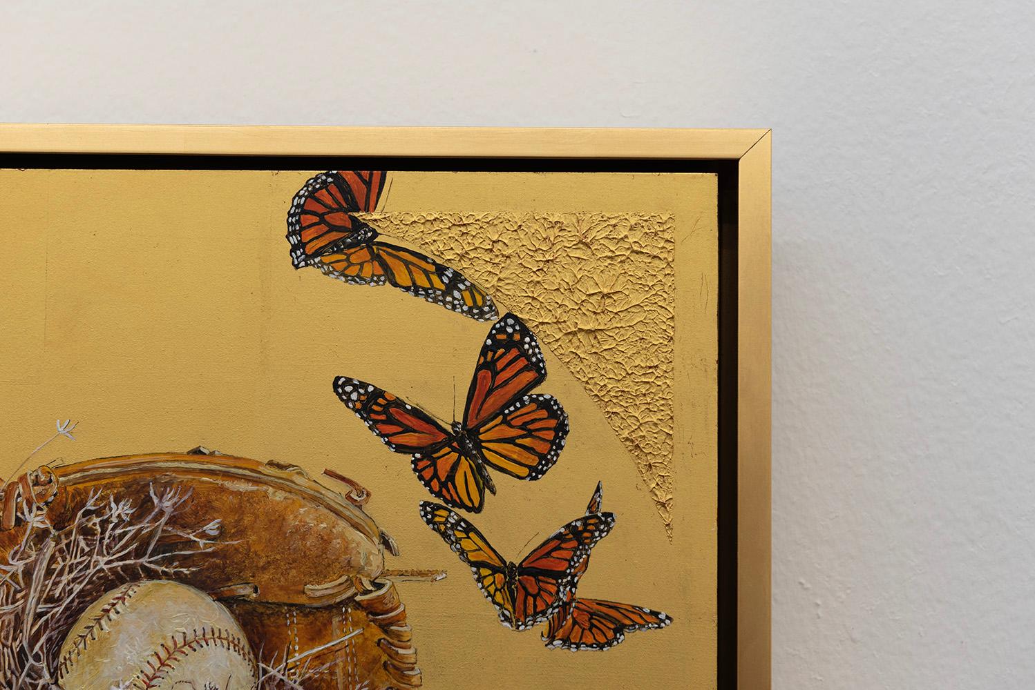 Catch - Peinture à l'huile sur feuille d'or 23k, nature morte, crapaud corné, monarque, baseball en vente 1