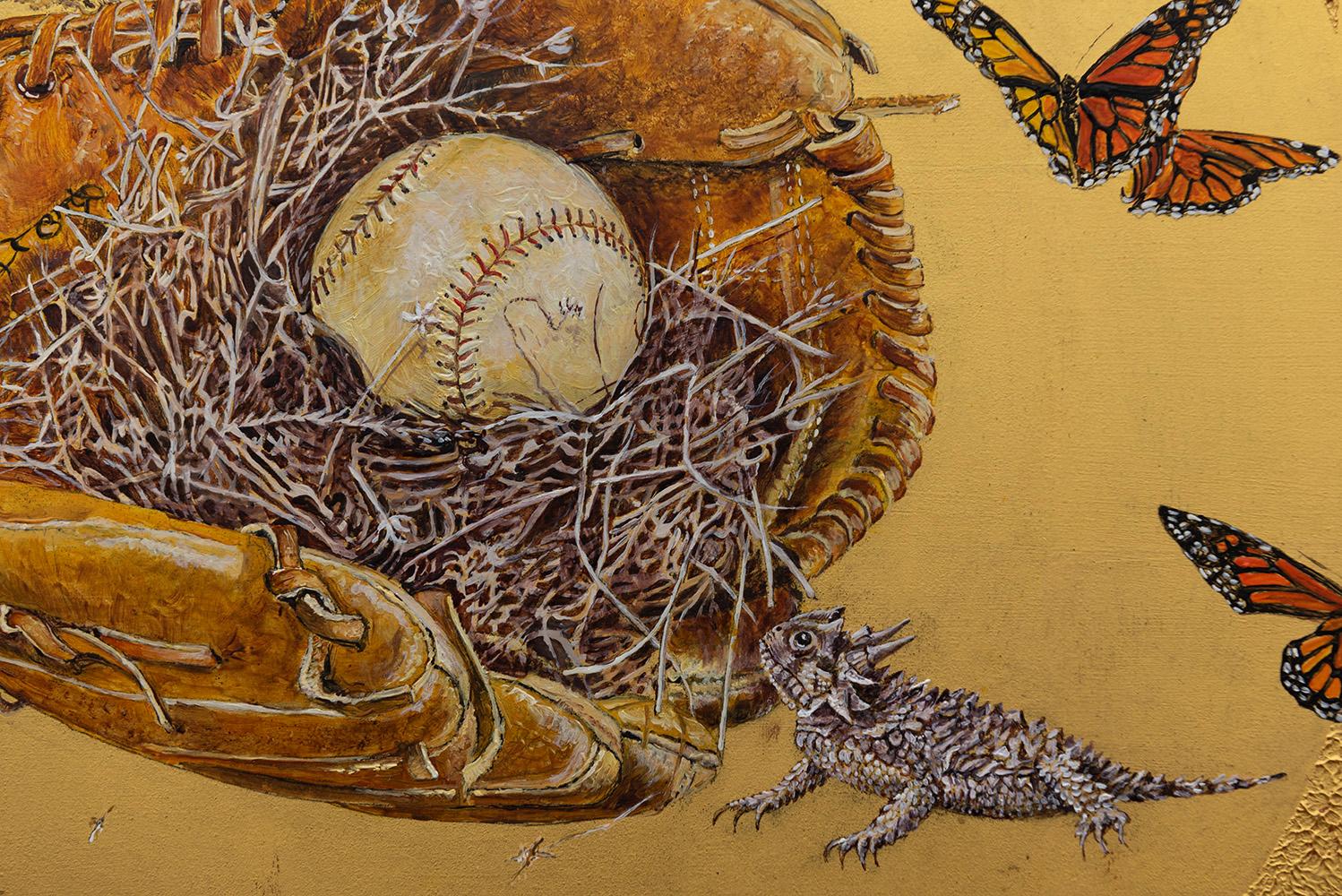 Catch - Peinture à l'huile sur feuille d'or 23k, nature morte, crapaud corné, monarque, baseball en vente 4