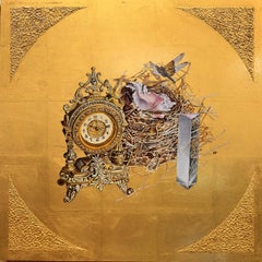 Continuum - Oil painting on 23k gold leaf, still life, nest, shell, prism, clock
