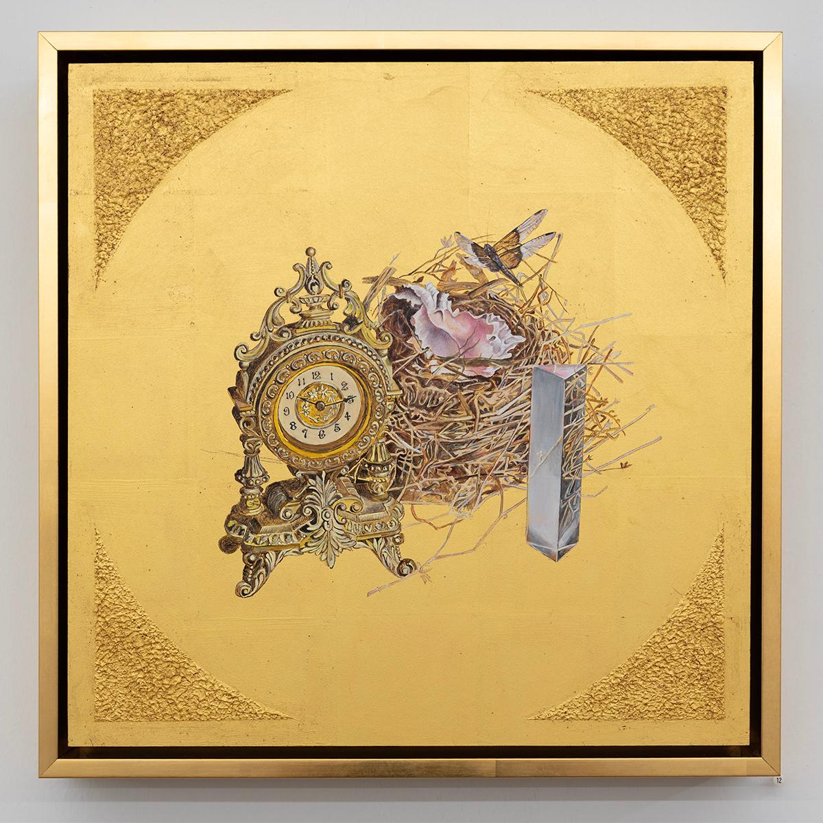 Continuum - Oil painting on 23k gold leaf, still life, nest, shell, prism, clock