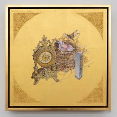 Continuum - Oil painting on 23k gold leaf, still life, nest, shell, prism, clock