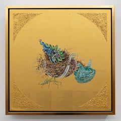 Faux / Foe - Oil painting on 23k gold leaf, nest, brooch, insect, blue, green