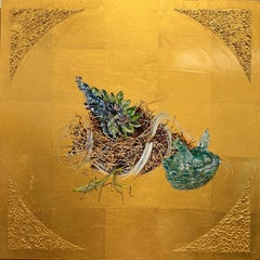 Faux / Foe - Oil painting on 23k gold leaf, nest, brooch, insect, blue, green