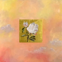 Cieli dorati: Peonia - Pittura a olio, foglia d'oro, natura morta, fiore, nuvola, tramonto