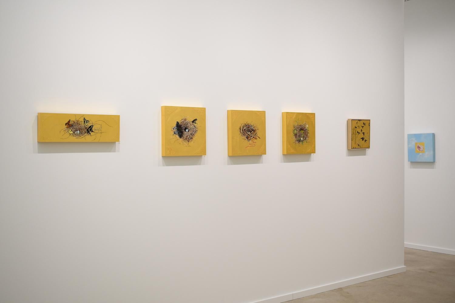 Nido: Colas de Golondrina Negras - Naturaleza Muerta Pintura al Óleo sobre Hoja de Oro, Mujer Artista 5