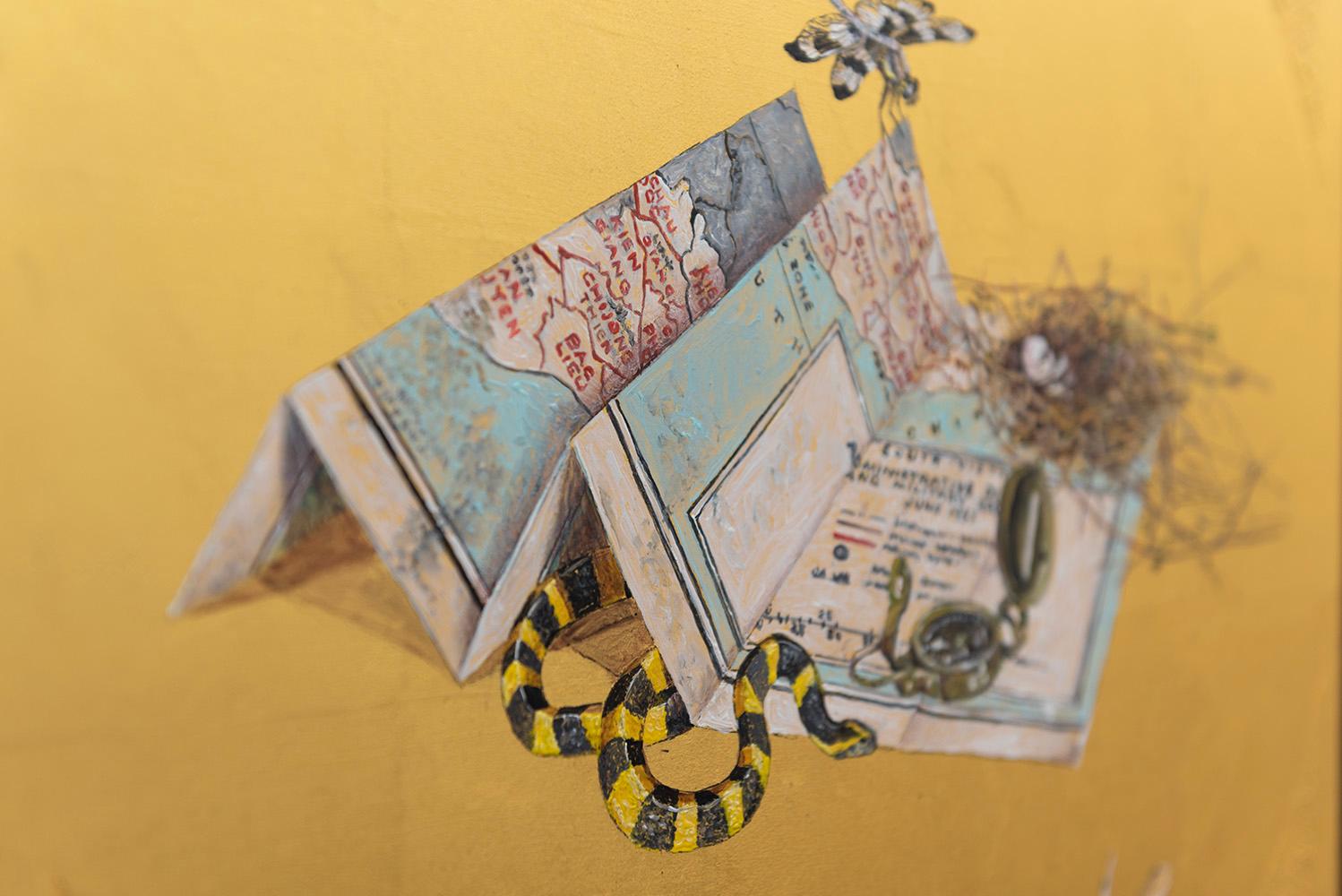 Onward - Oil painting on 23k gold leaf, still life, map, snake, dragonfly, nest For Sale 5