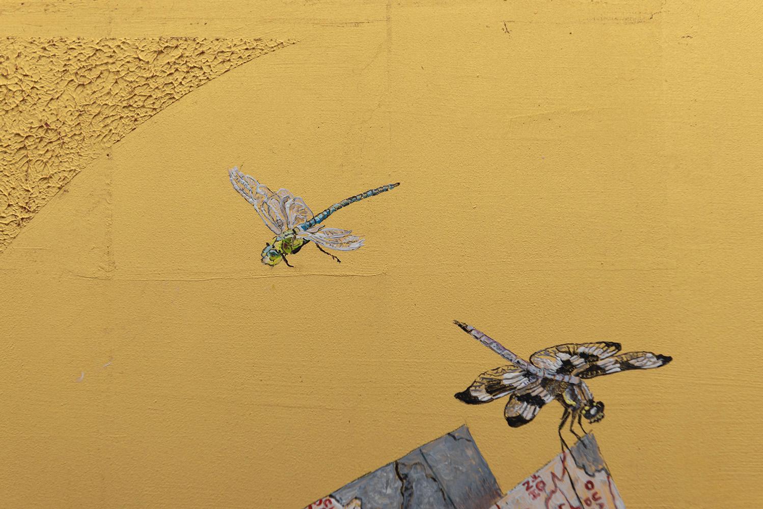 Onward - Oil painting on 23k gold leaf, still life, map, snake, dragonfly, nest For Sale 6