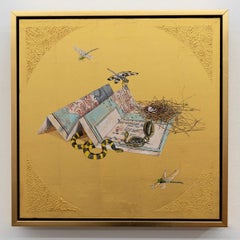Onward - Oil painting on 23k gold leaf, still life, map, snake, dragonfly, nest