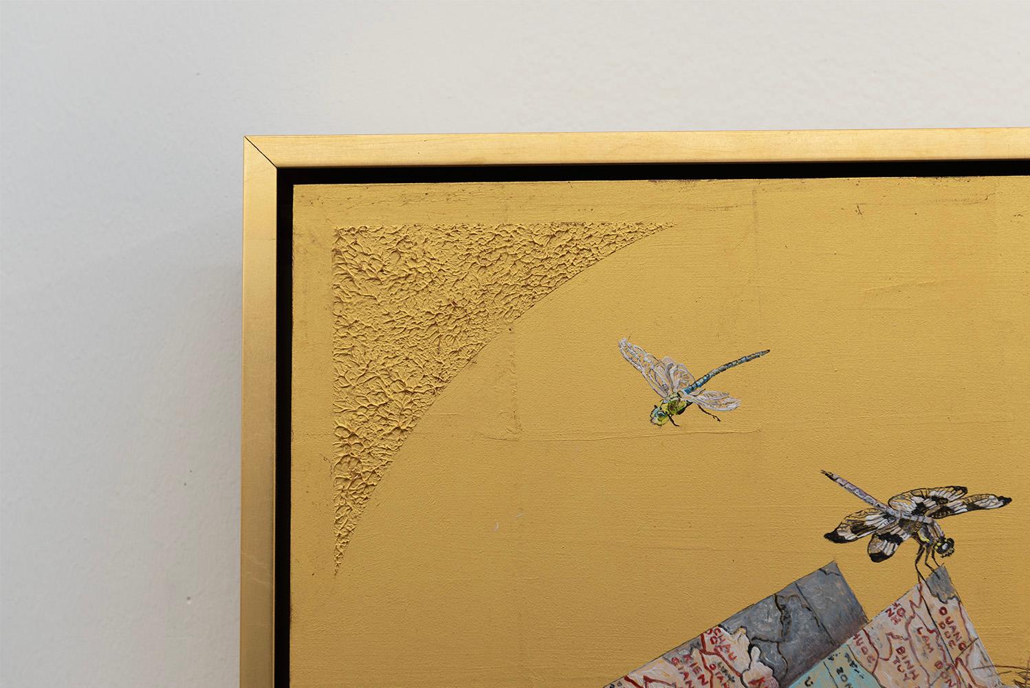 Onward - Oil painting on 23k gold leaf, still life, map, snake, dragonfly, nest - Contemporary Painting by Pam Burnley-Schol