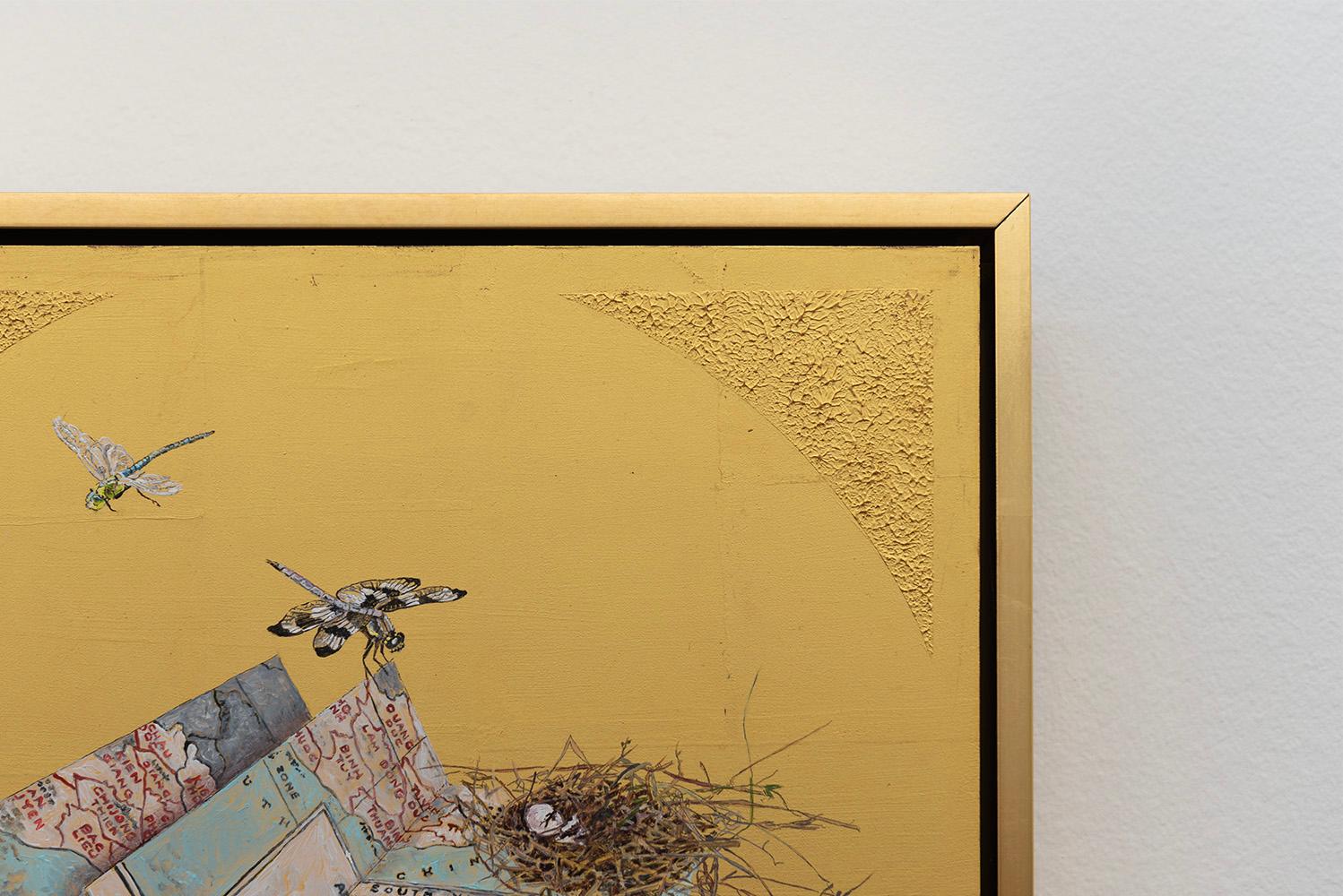 Onward - Oil painting on 23k gold leaf, still life, map, snake, dragonfly, nest - Brown Figurative Painting by Pam Burnley-Schol