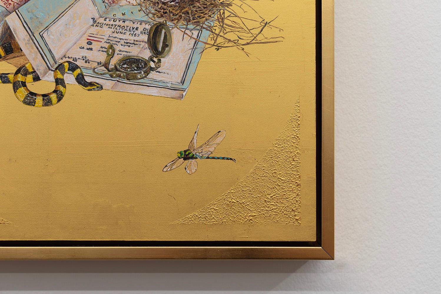 Onward by Pam Burnley-Schol is an oil painting on 23k gold leaf, featuring a birds' nest  and compass resting on top of a map, surrounded by a snake and dragonflies. 

Oil paint, pastiglia, 23k gold leaf on panel
16 x 16 x 2 in.
Framing