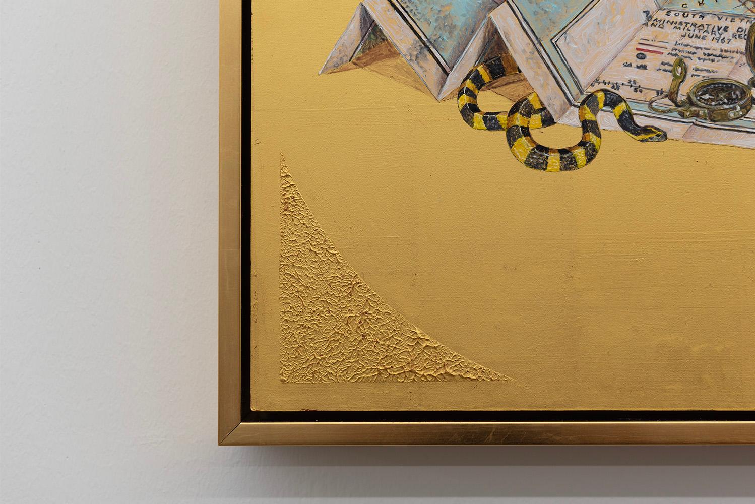 Onward - Oil painting on 23k gold leaf, still life, map, snake, dragonfly, nest For Sale 1