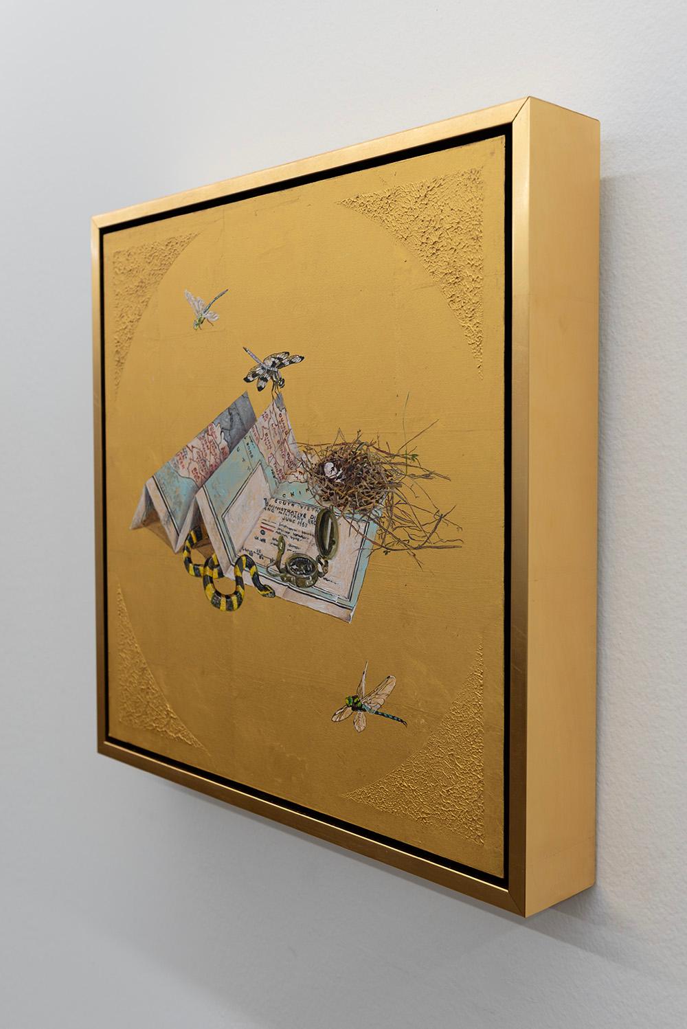 Onward - Oil painting on 23k gold leaf, still life, map, snake, dragonfly, nest For Sale 2